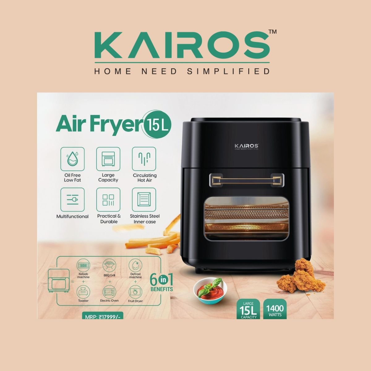 Kairos 15L Digital Air Fryer Oven (1400W) – Multi-Functional