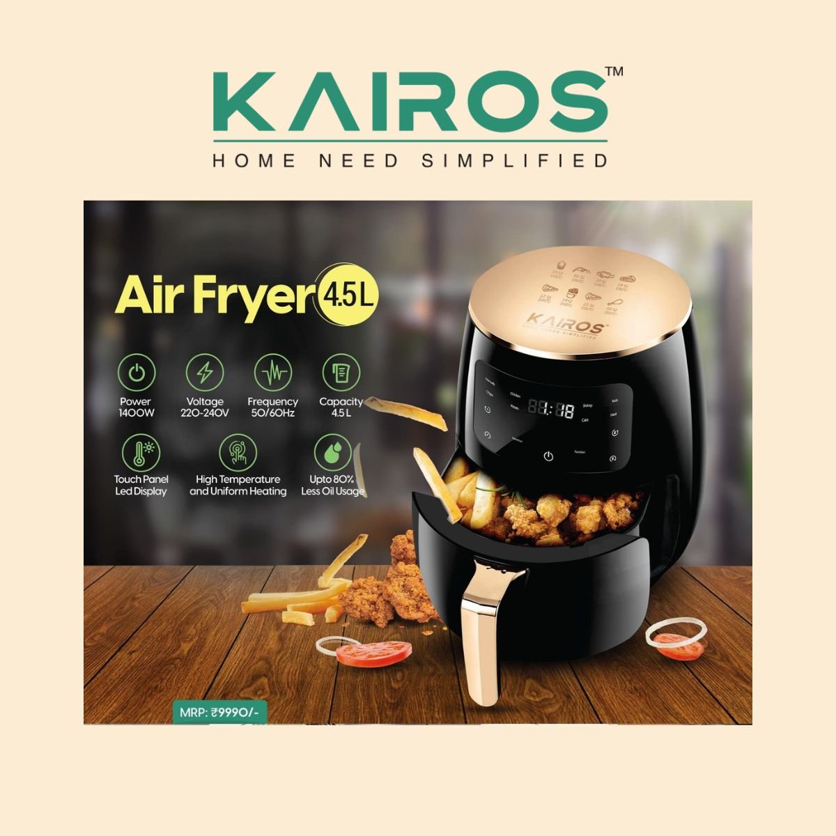 Kairos 4.5L Digital Touch Panel Air Fryer (1400W)