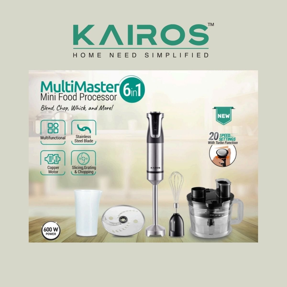 Kairos MultiMaster 6-in-1 Mini Food Processor & Hand Blender Set (600W)