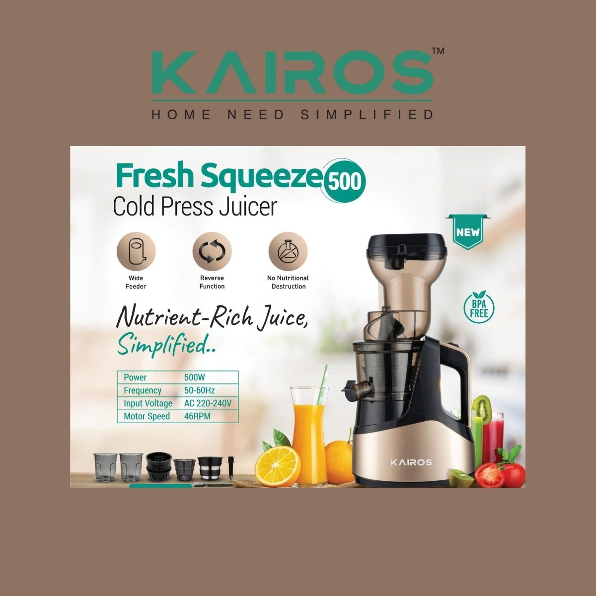 Kairos Fresh Squeeze 500 Cold Press Juicer (500W)
