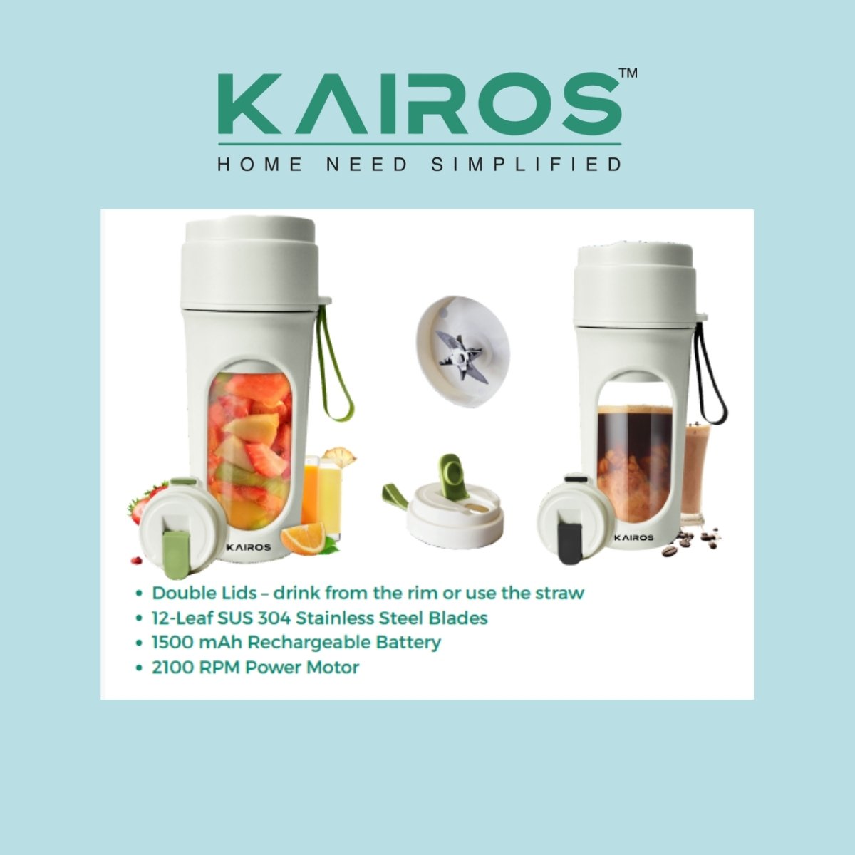 Kairos Blend Go Portable Rechargeable Juice Blender & Cup (450 ML)