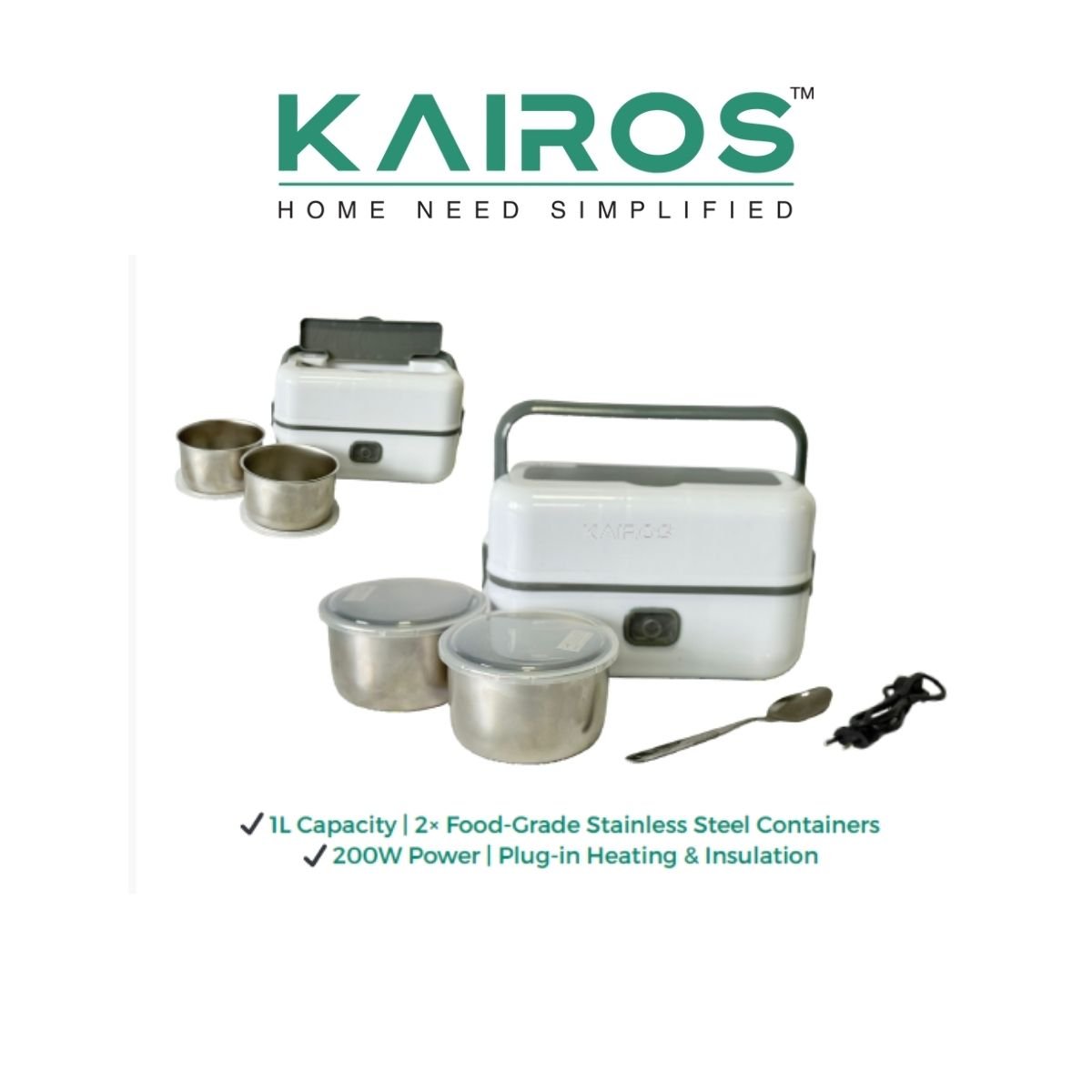 Kairos Warm Tiffin Duo Electric Lunch Box (1L Capacity)