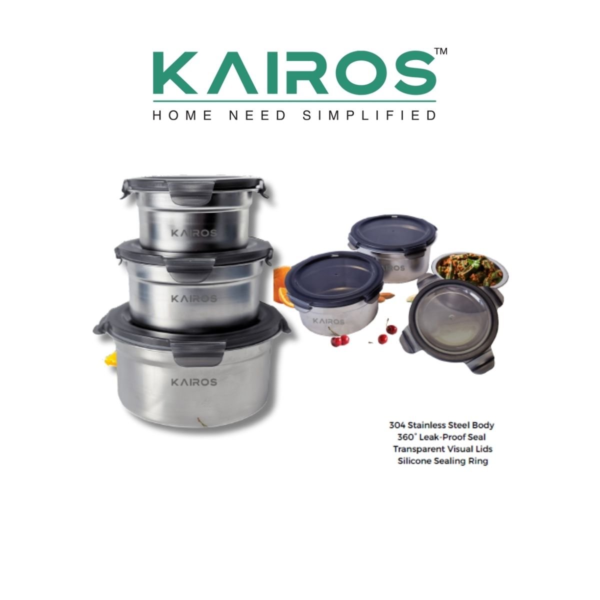 Kairos Fresh Seal Trio - Stainless Steel Round Container Set of 3 (350ml, 550ml, 900ml)