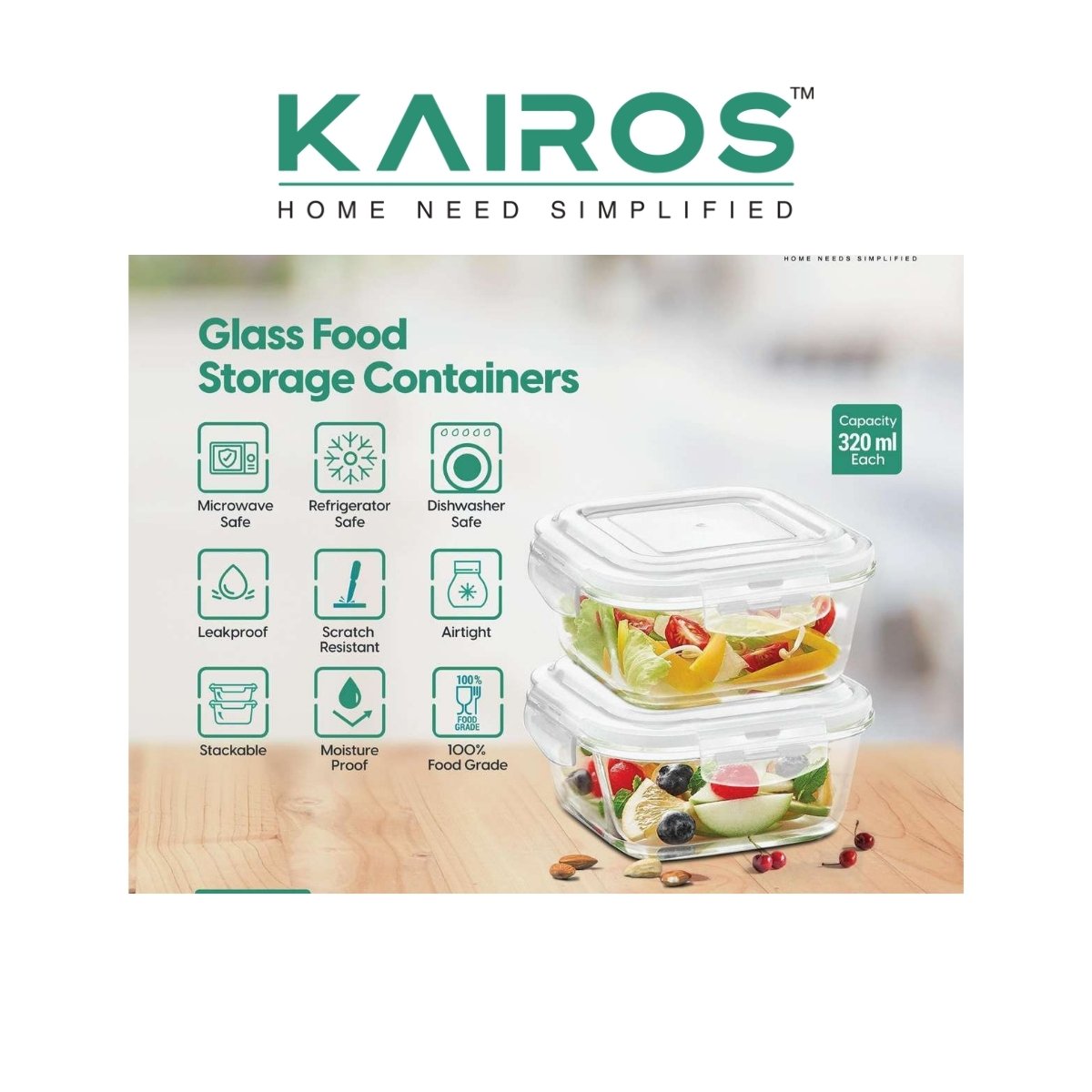 Kairos Glass Food Storage Containers Set (320ml Each)