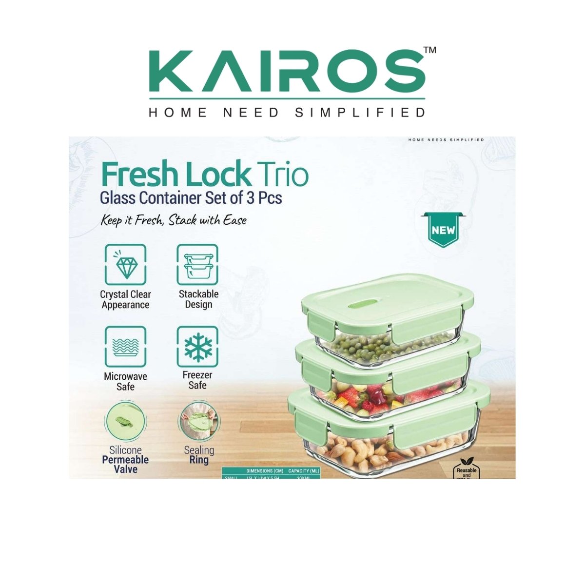 Kairos Fresh Lock Trio - Glass Container Set of 3 Pcs