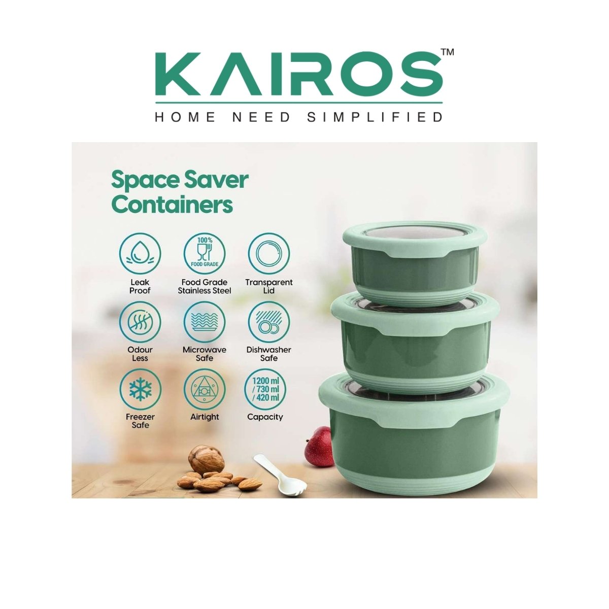 Kairos Space Saver Stainless Steel Food Storage Container Set (3 Pieces)