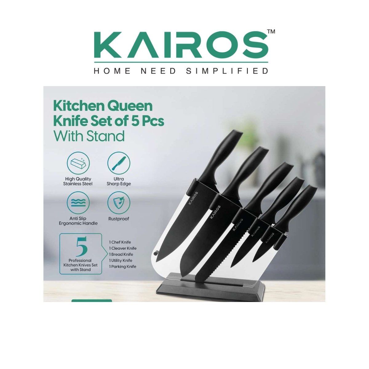 Kairos Kitchen Queen 5-Piece Stainless Steel Knife Set with Acrylic Stand