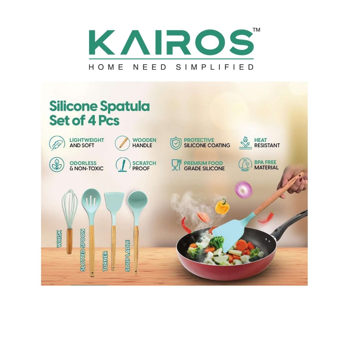 Kairos Premium Silicone Spatula & Kitchen Utensil Set with Wooden Handles (4 Pieces