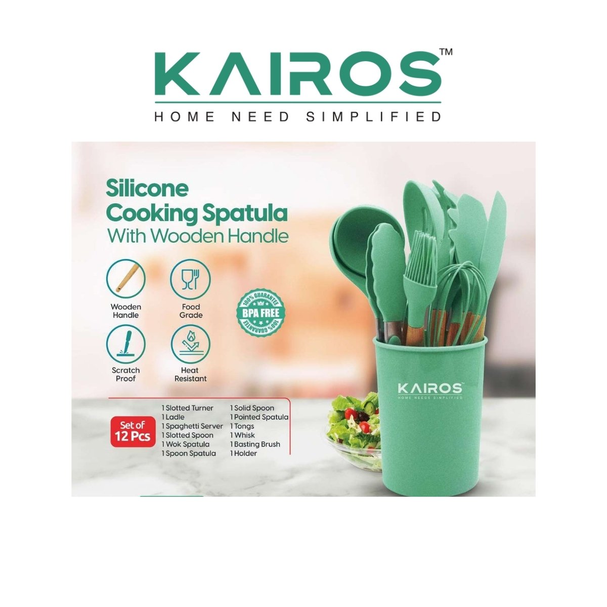 Kairos 12-Piece Silicone Cooking Spatula & Kitchen Utensil Set with Wooden Handles and Holder