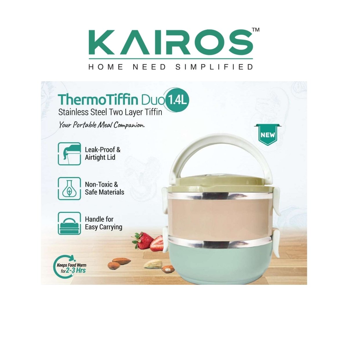 Kairos ThermoTiffin Duo 1.4L Stainless Steel Two-Layer Portable Lunch Box