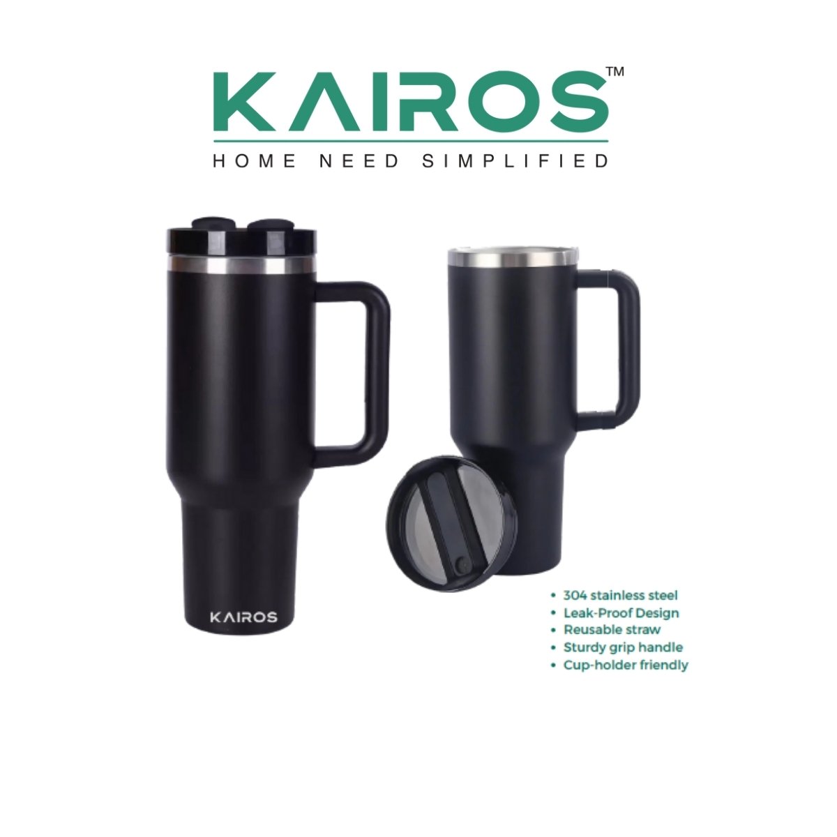 Kairos Sip Grip 1L Stainless Steel Tumbler Flask with Straw and Handle