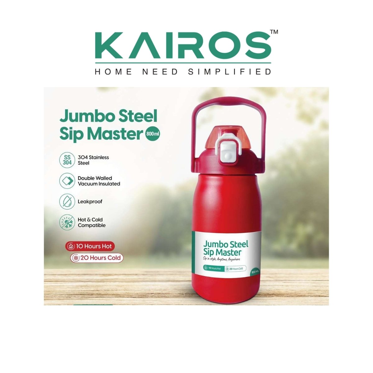 Kairos Jumbo Steel Sip Master Double-Walled Insulated Bottle 800ml