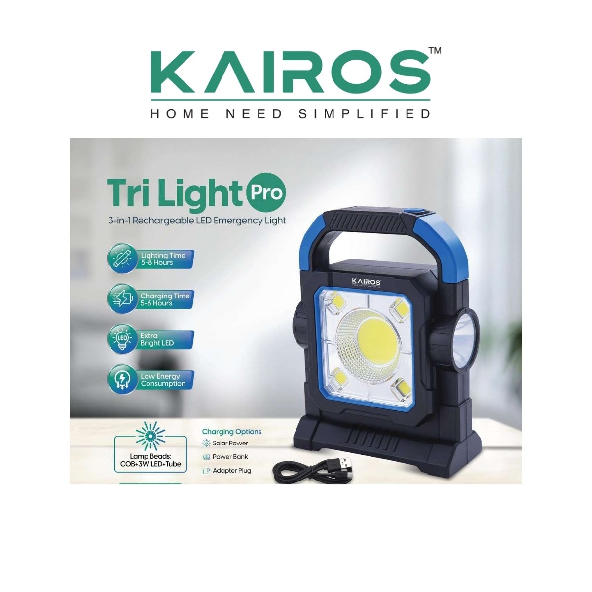 Kairos Tri Light Pro 3-in-1 Rechargeable LED Emergency Light