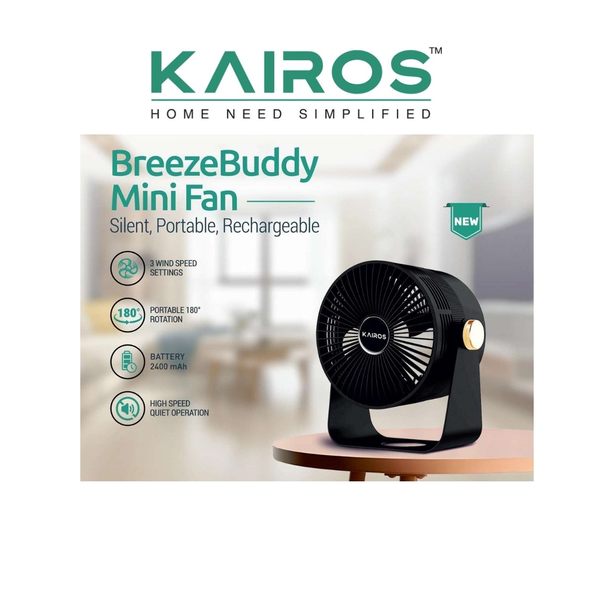 Kairos BreezeBuddy Rechargeable Mini Desk Fan