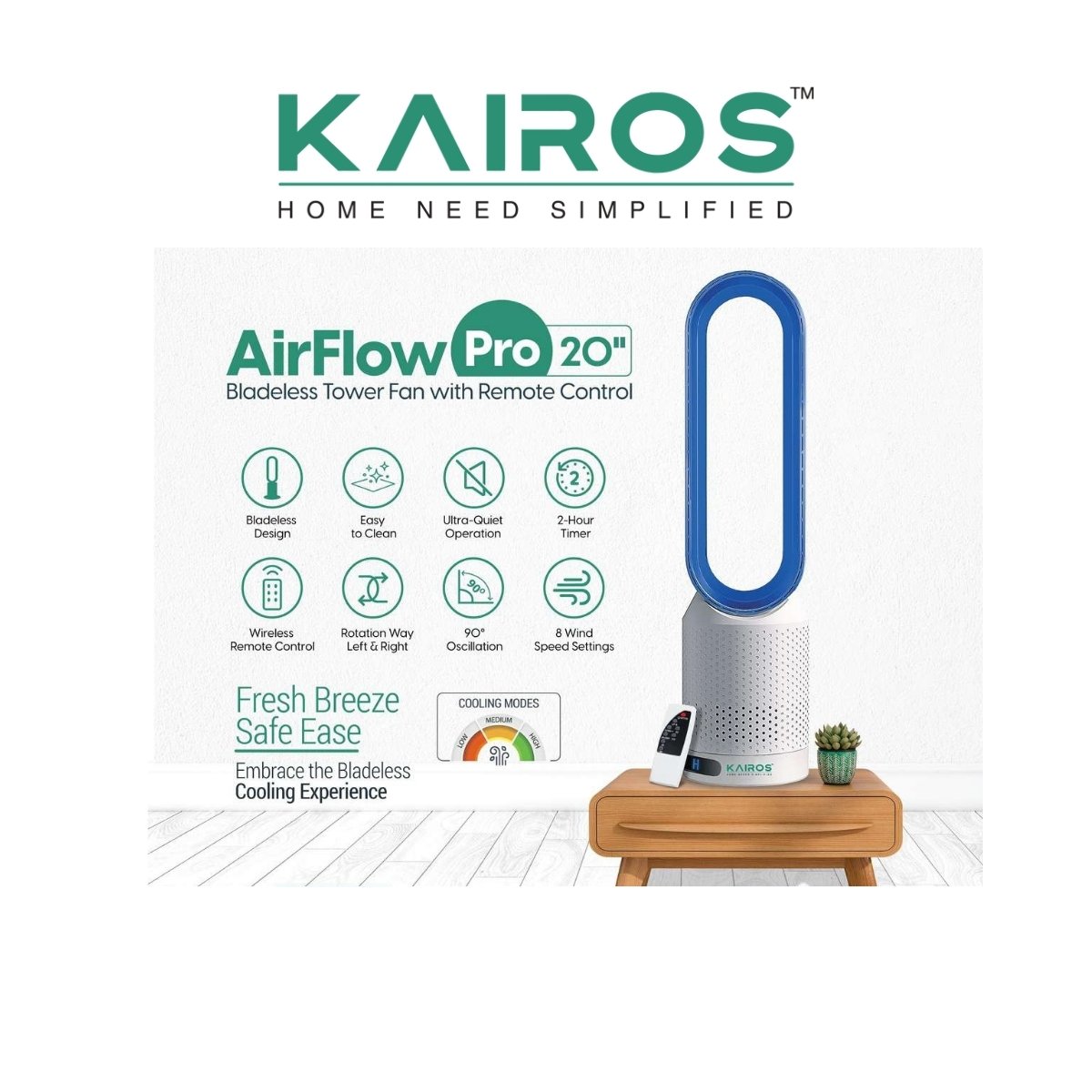 Kairos AirFlow Pro 20" Bladeless Tower Fan with Remote Control