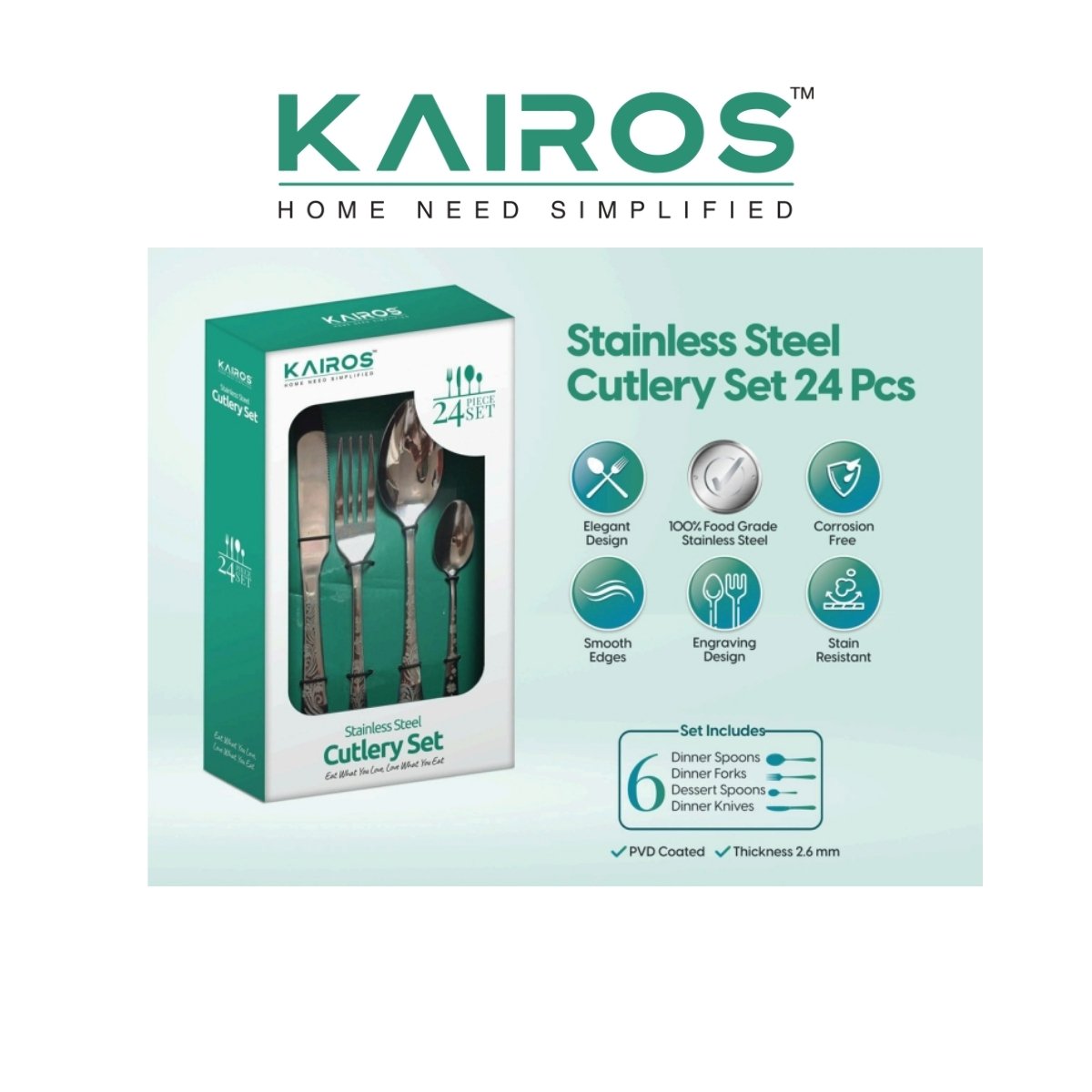 Kairos Stainless Steel Cutlery Set 24 Pcs