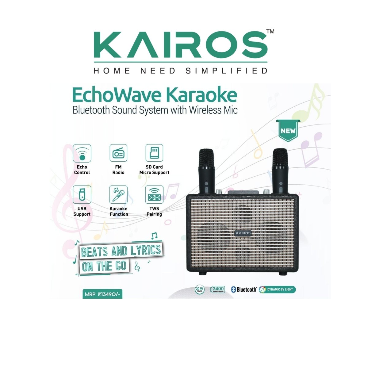 Kairos EchoWave Karaoke Bluetooth Sound System with Wireless Mics