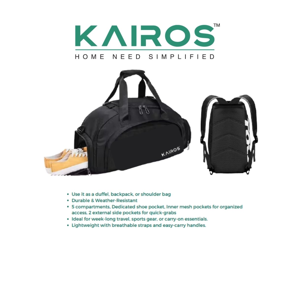 Kairos Swift Companion - Convertible Travel Duffle + Backpack