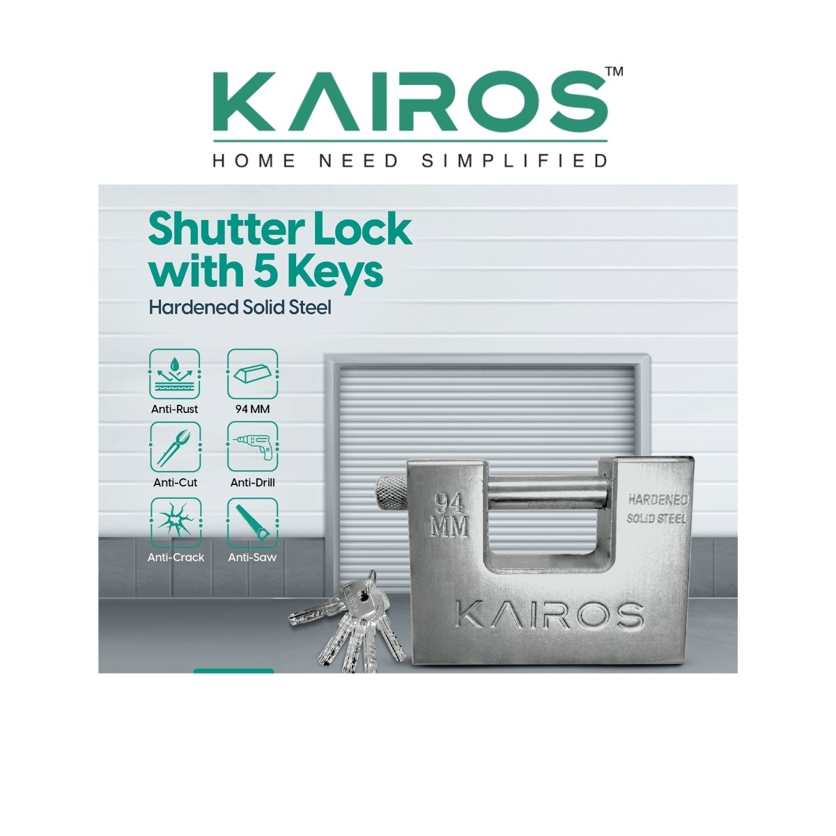 Kairos Shutter Lock with 5 Keys - Hardened Solid Steel