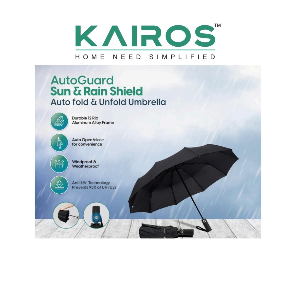Kairos AutoGuard Sun & Rain Shield Auto Fold Umbrella