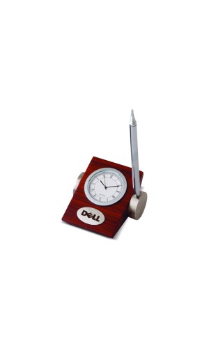 TABLE CLOCK WITH WOODEN BASE AND PEN